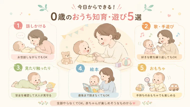 0歳のおうち知育5選をイラスト付きで一覧化。「話しかける・歌/手遊び・触る・絵本・おもちゃ」